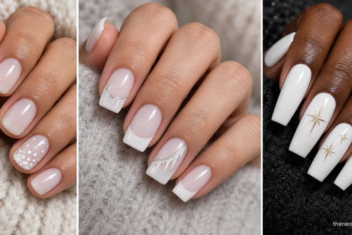 Three-part white Christmas manicure collage showing milky snowfall rounds, silver-lined icicle French tips, and white tapered squares with gold starbursts.