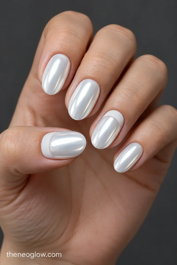 Medium pearly-white chrome oval nails with broad matte-white crescents above the thumb and ring cuticles.