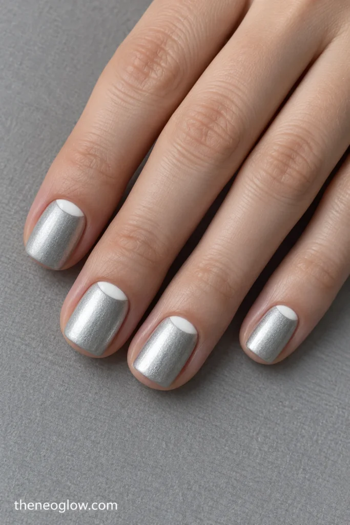 Short soft-square satin silver nails with small solid white half-moons at each cuticle.
