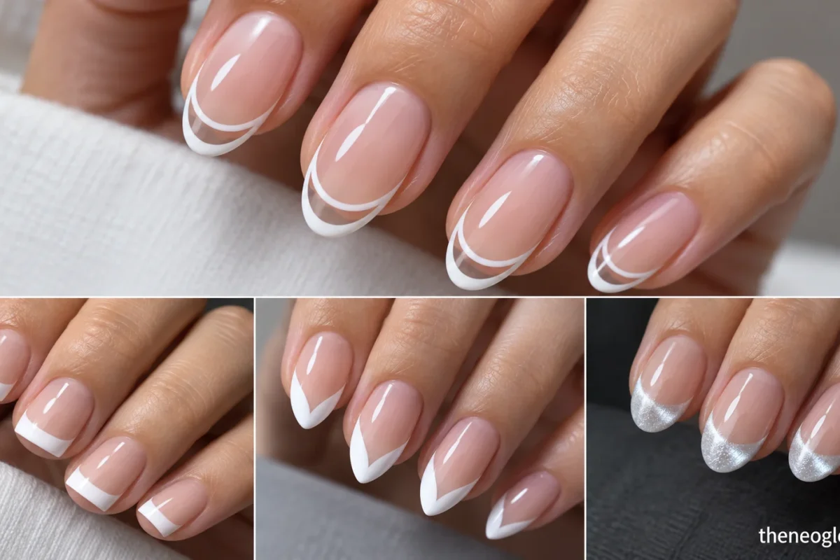 Editorial collage showing hollow white French outlines, flat porcelain square tips, white almond chevrons, and frosted magnetic French tips.