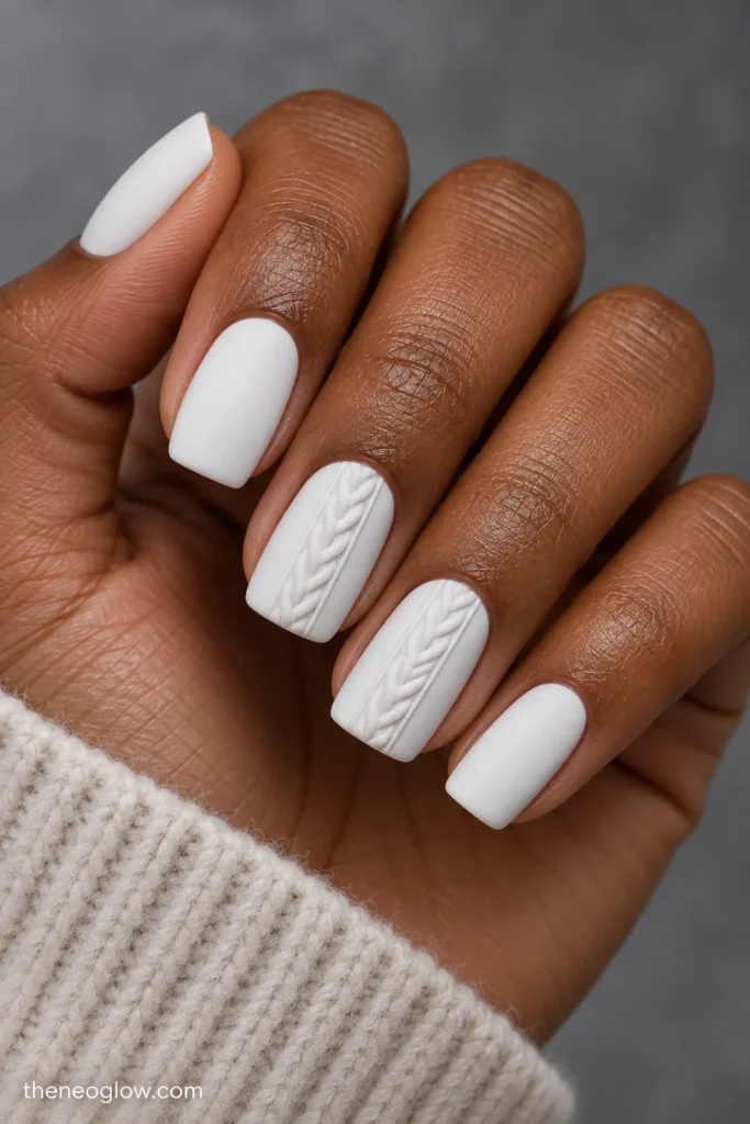Matte cool-white soft-square nails with narrow raised-looking cable-knit chevron panels on middle and ring fingers.