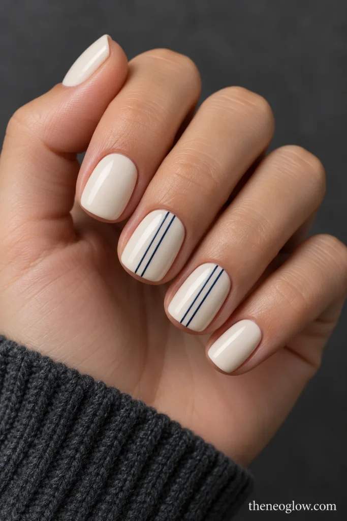 Short ivory squoval nails with paired fine navy vertical lines on two accent nails.