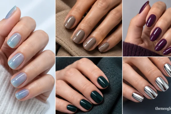 Five-panel winter manicure collage featuring icy cyan, glossy greige, deep juniper green, damson plum, and mirror silver nails.