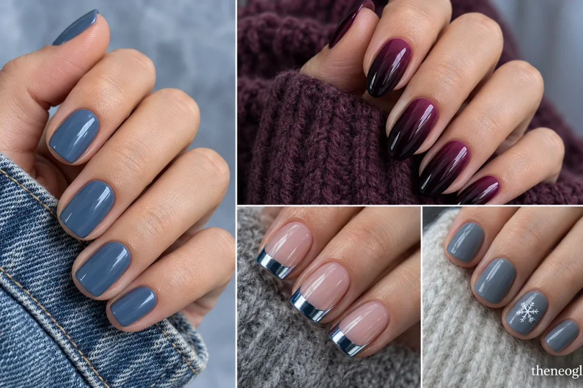 Winter nail collage with denim-blue short nails, plum ombré, steel-blue chrome French tips, and a snowflake accent.