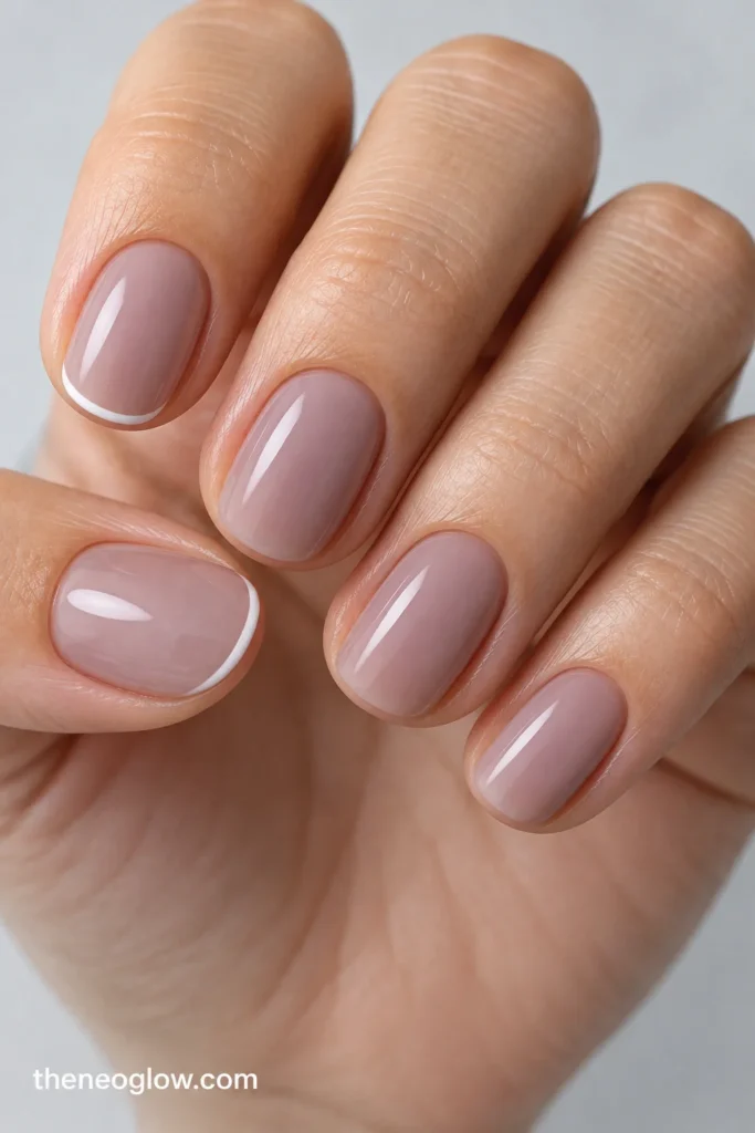 Short natural oval nails with winter-white micro edges only on thumb and index fingers.