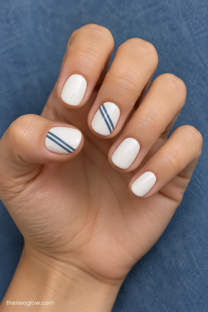 Short opaque-white round nails with two thin parallel steel-blue diagonal strokes on the thumb and middle finger.