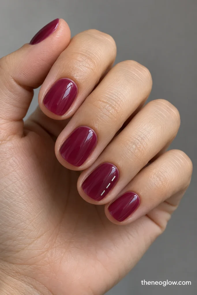 Short round winterberry-jelly nails with three silver dashes on one ring-finger edge.